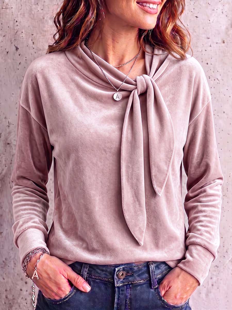Women's Solid Color Round Neck Tie-waist Long Sleeve Casual Loose Velvet Top