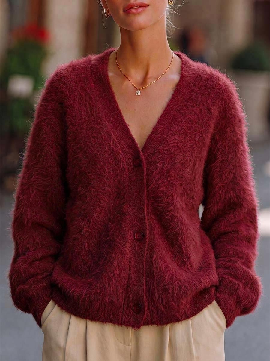 Women's Solid Color V-neck Long Sleeve Casual Loose Knit Cardigan