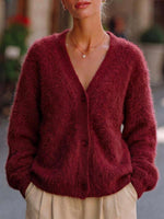 Women's Solid Color V-neck Long Sleeve Casual Loose Knit Cardigan