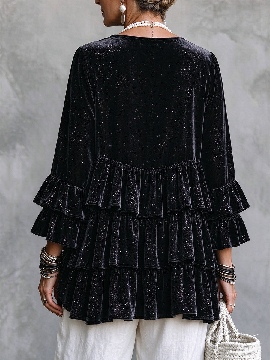 Glamorous Shimmer Velvet Ruffled Tiered Tunic