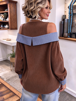 Casual Cold Shoulder Striped Top Corduroy Faux Two-piece Top