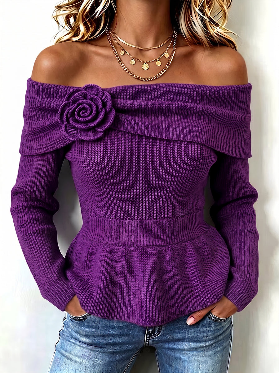 Chic Violet Off-The-Shoulder Floral Knit Top