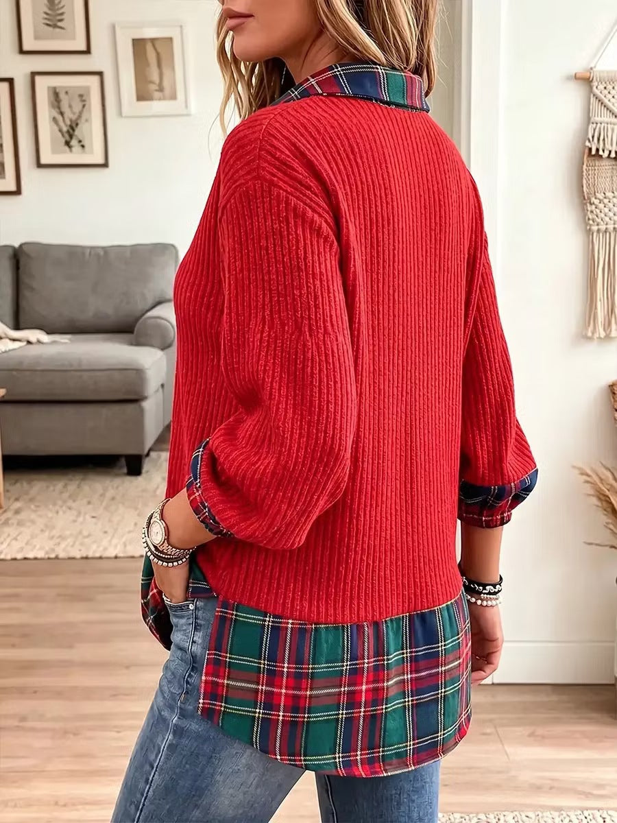 Christmas-themed Casual Plaid-paneled Ribbed Knit Top