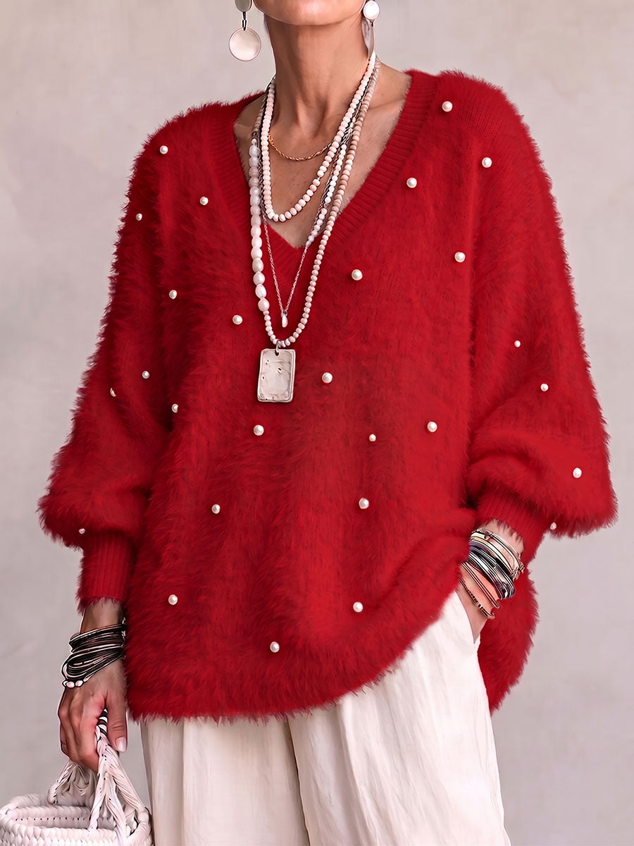 Women's Solid Color V-neck Long-sleeved Casual Loose Beaded Sweater