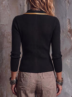 Women's Collared Long-sleeved Casual Loose-fitting Color-blocked Knit Sweater With Gold Trim