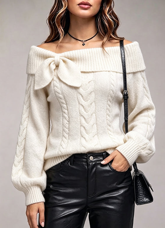 Chic And Sweet Off-shoulder Cable-knit Sweater With Bow Detail