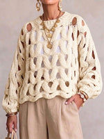 Wave-pattern Cutout Crochet Knit Sweater With A Round Neck And Lantern Sleeves