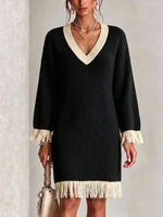 Color-block V-neck Fringed Knit Dress