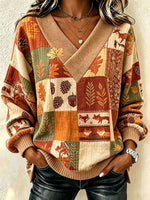 Chic Autumn-themed Patchwork Print Waffle Knit Pullover