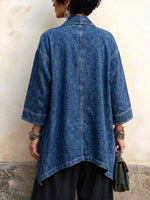 Denim Asymmetrical Mid-length Cardigan With Frog-button Fastenings