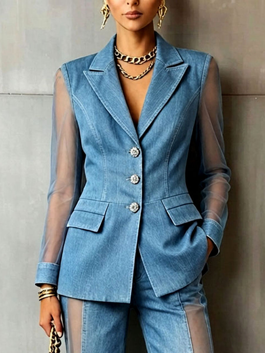 Chic Trendy Sheer-paneled Wide-leg Denim Pants
