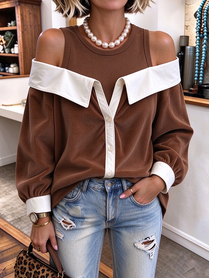 Casual Corduroy Cold Shoulder Faux Two-piece Top