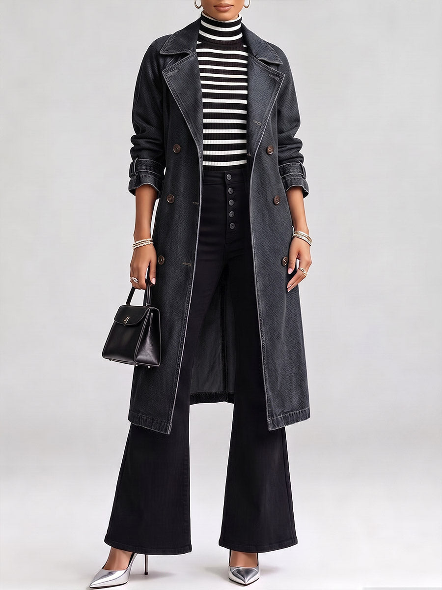 Women's Long-sleeved Casual Loose Denim Trench Coat With Lapel
