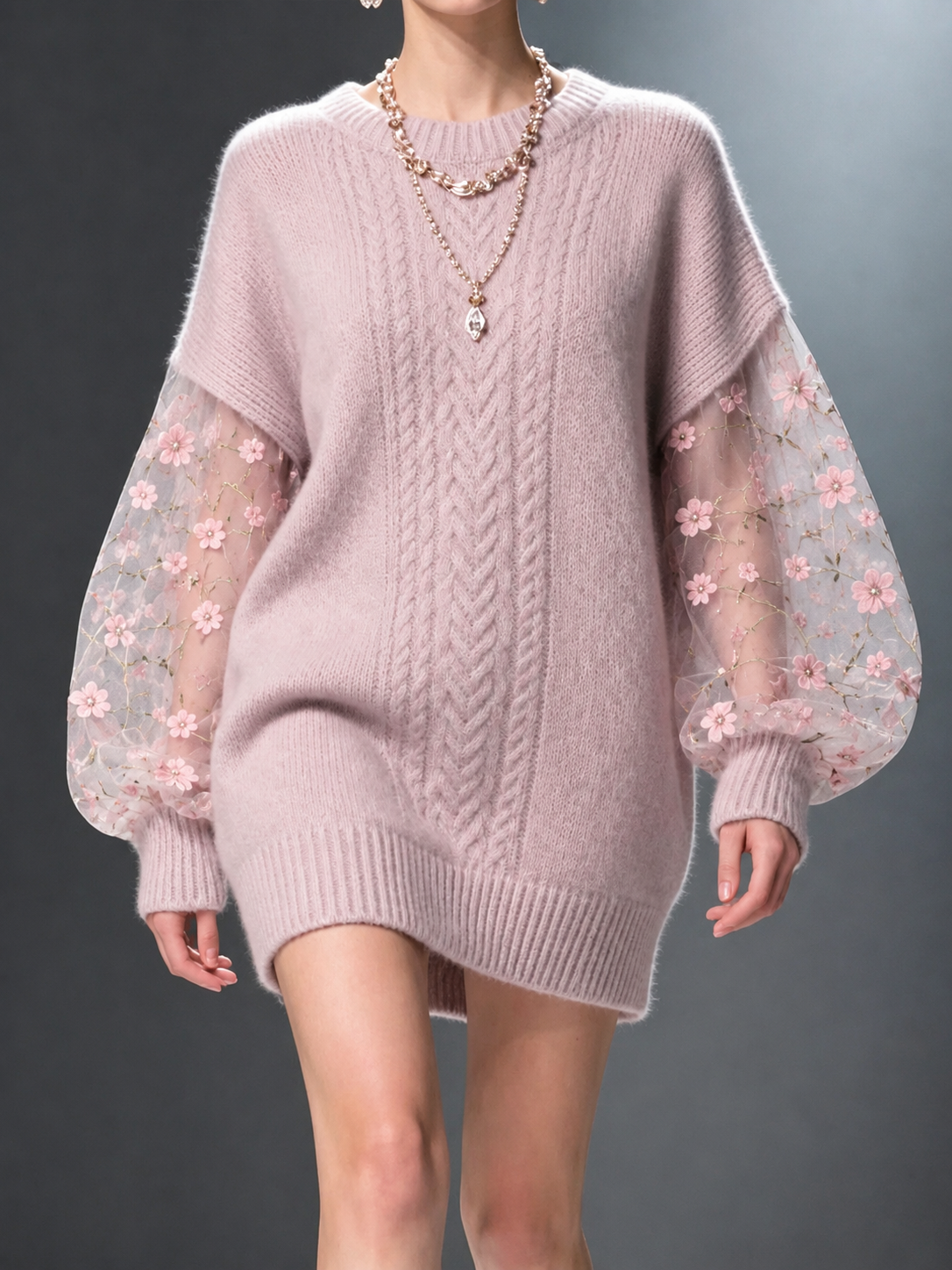 Elegant And Cozy Cable-knit Sweater Dress With Embroidered Floral Mesh Sleeves