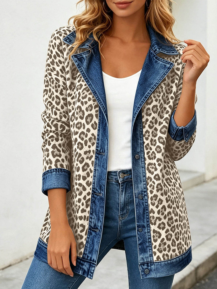 Chic Leopard Print and Denim Patchwork Jacket