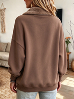 Relaxed Boho Faux Fur Collar Brown Sweatshirt Pullover