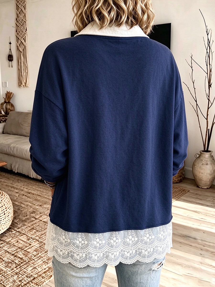 Playful Multi-Button Contrast Collar Top