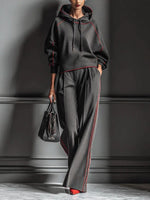 Chic Charcoal Grey Red-Trimmed Hooded Tracksuit Set