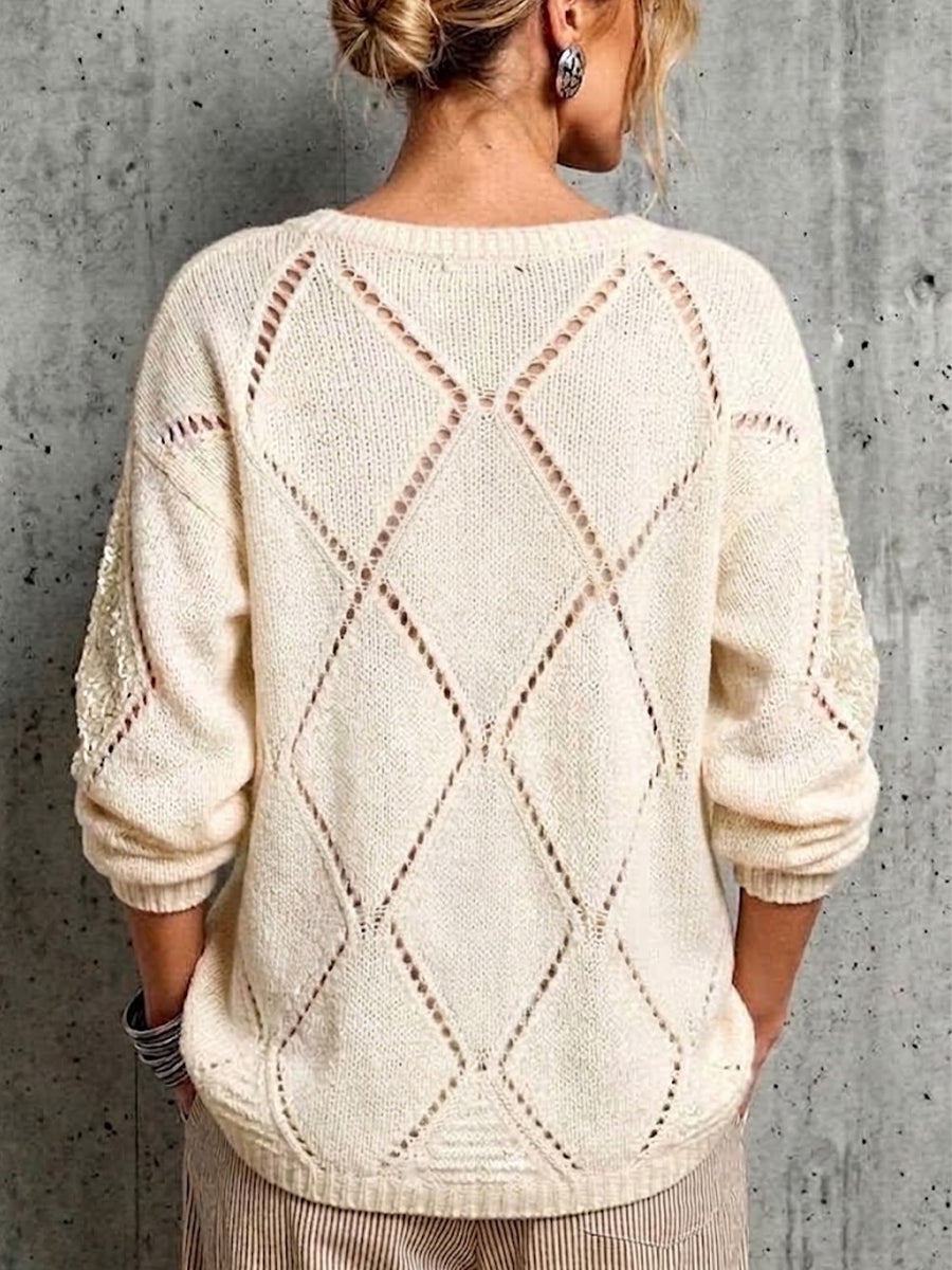 Loose-fit Knit Sweater With Diamond Cutouts And Sequin Embellishments