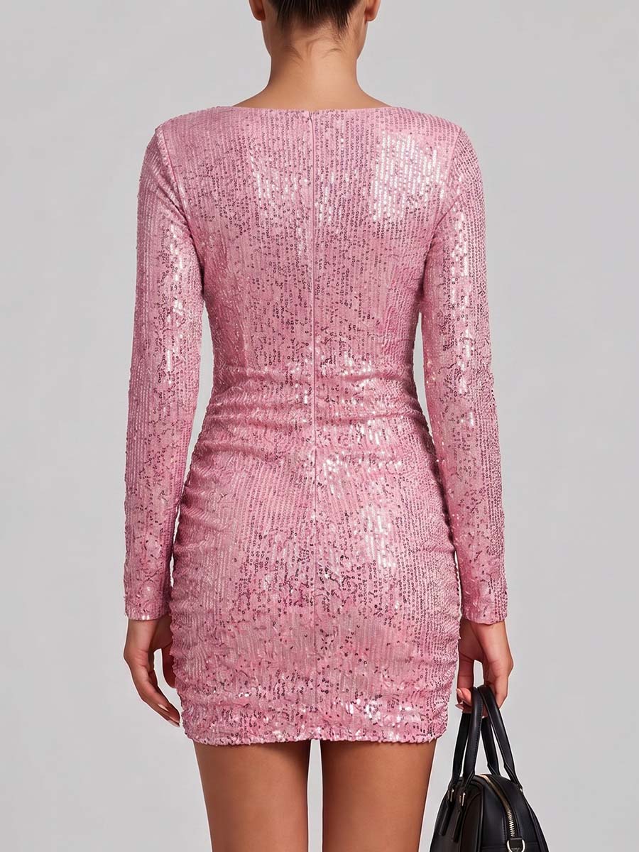 Women's Solid Color V-neck Long Sleeve Fashionable Slim Fit Sequin Bodycon Dress