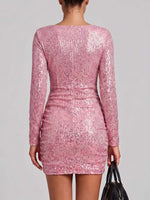 Women's Solid Color V-neck Long Sleeve Fashionable Slim Fit Sequin Bodycon Dress