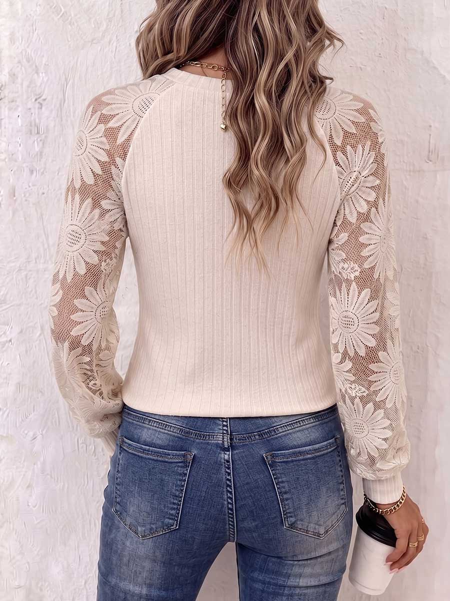 Women's Solid Color Round Neck Lace Trim Long Sleeve Casual Loose Pullover Knit Top