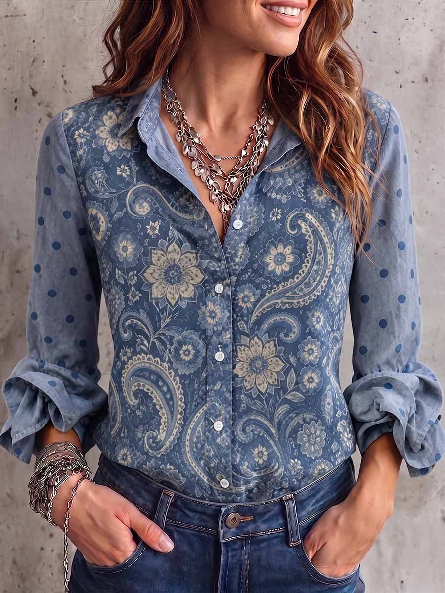 Women's Retro Print Patchwork Polka Dot Print Lapel Ruffled Long Sleeve Casual Loose Shirt