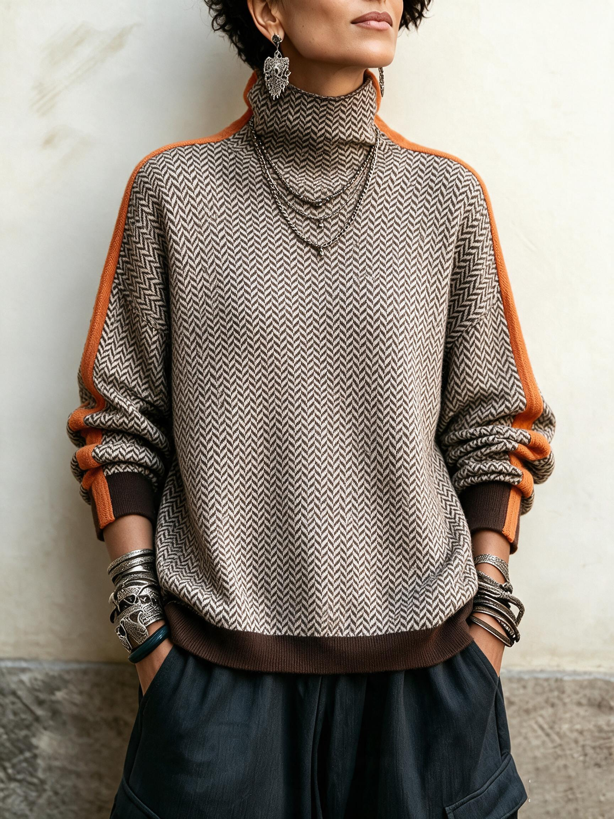 Cozy Herringbone Mock Neck Sweater