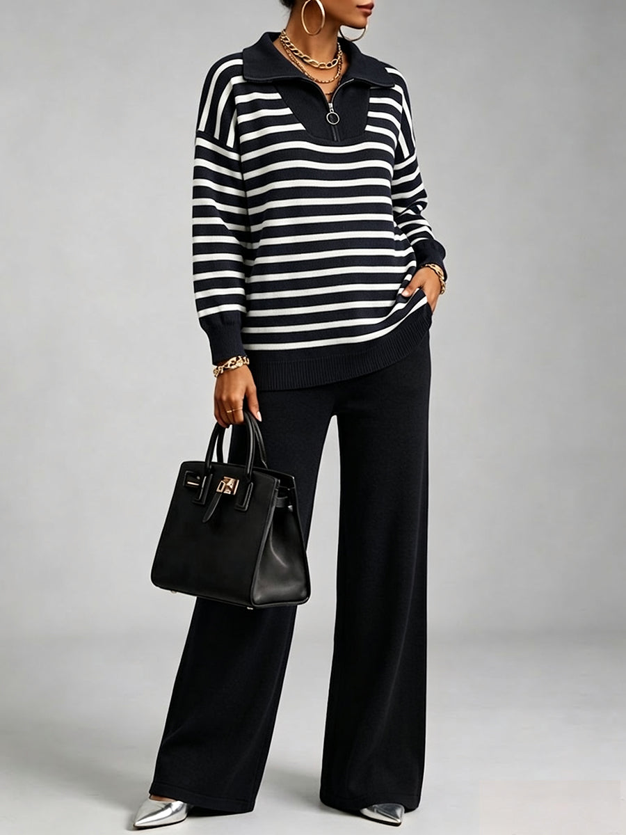 Cozy And Casual Two-piece Set Featuring A Striped Half-zip Knit Pullover And Solid-color Knit Trousers.