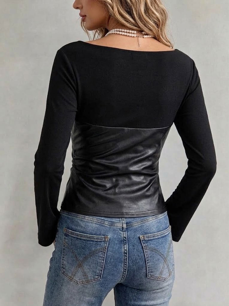 Round-neck Knitted Tube Top With Ruched Leather Paneling And Flared Sleeves