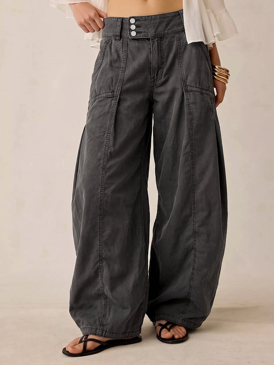 Casual Charcoal Black High-Waist Washed Cotton Wide-Leg Pants
