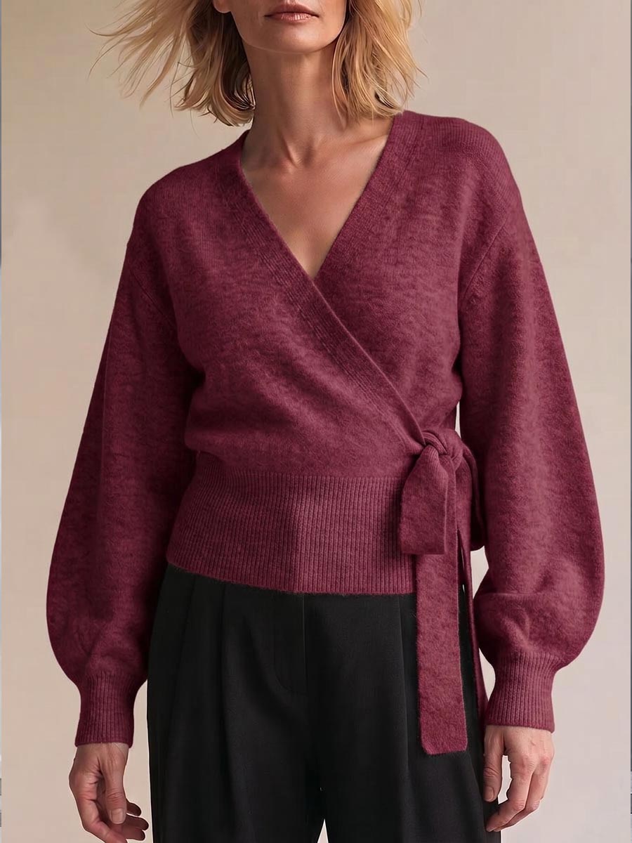 Women's Solid Color V-neck Long Sleeve Casual Loose Tie-waist Knit Top