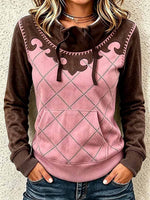 Women's Loose-fit Plaid-print Panel Pullover Sweatshirt With Stand Collar, Tie Detail, And Long Sleeves