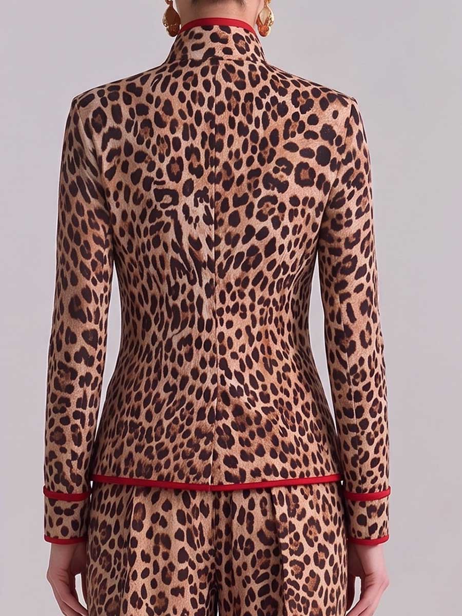 Women's Leopard Print Stand Collar Long Sleeve Casual Loose Color-blocked Jacket