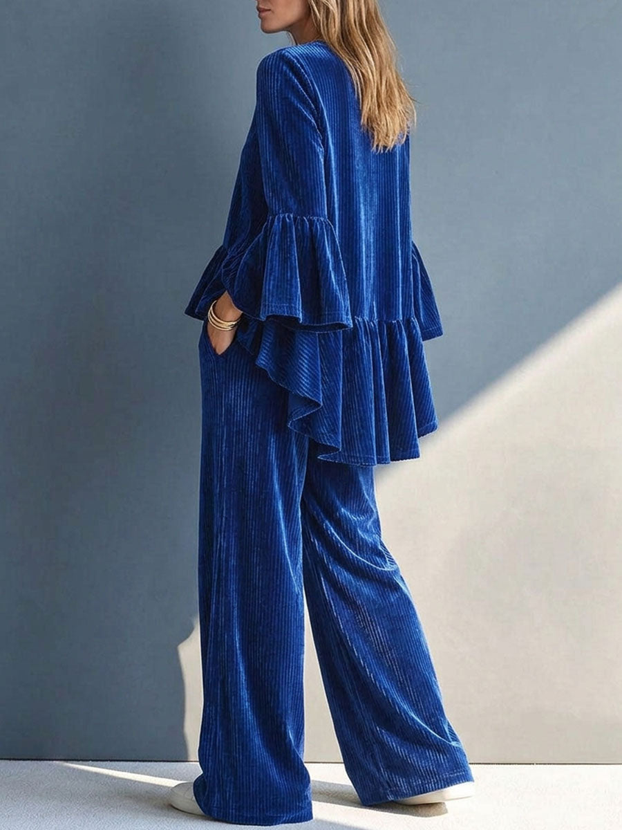 Royal Blue Ribbed Velvet Ruffle-trim Lounge Set