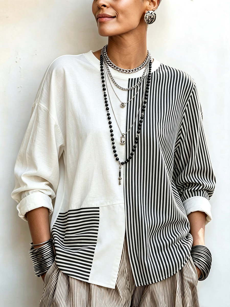 Chic Asymmetric Black And White Striped Statement Top