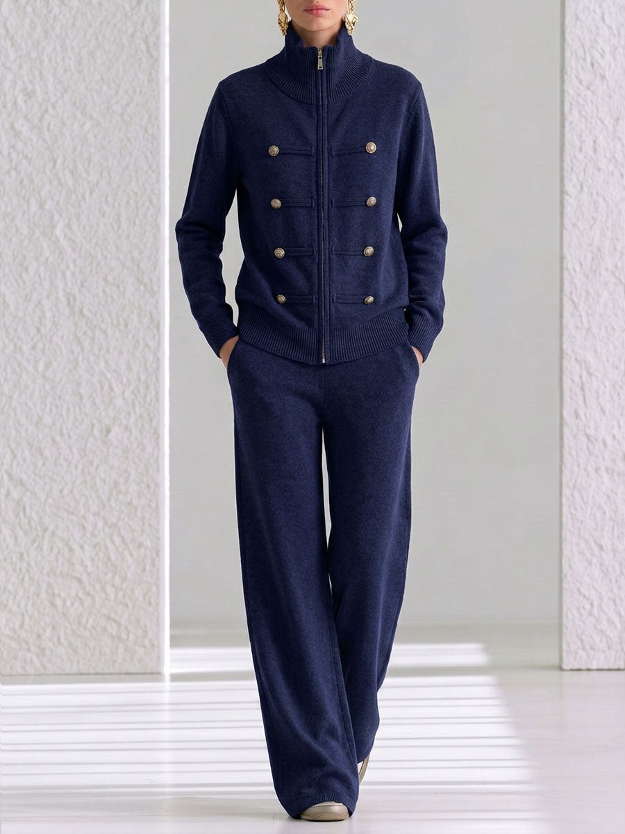 Women's Solid Color Stand Collar Long Sleeve Casual Loose Knit Top And High Waist Wide Leg Pants Knit Set
