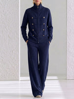 Women's Solid Color Stand Collar Long Sleeve Casual Loose Knit Top And High Waist Wide Leg Pants Knit Set