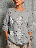 Loose-fit Knit Sweater With Diamond Cutouts And Sequin Embellishments