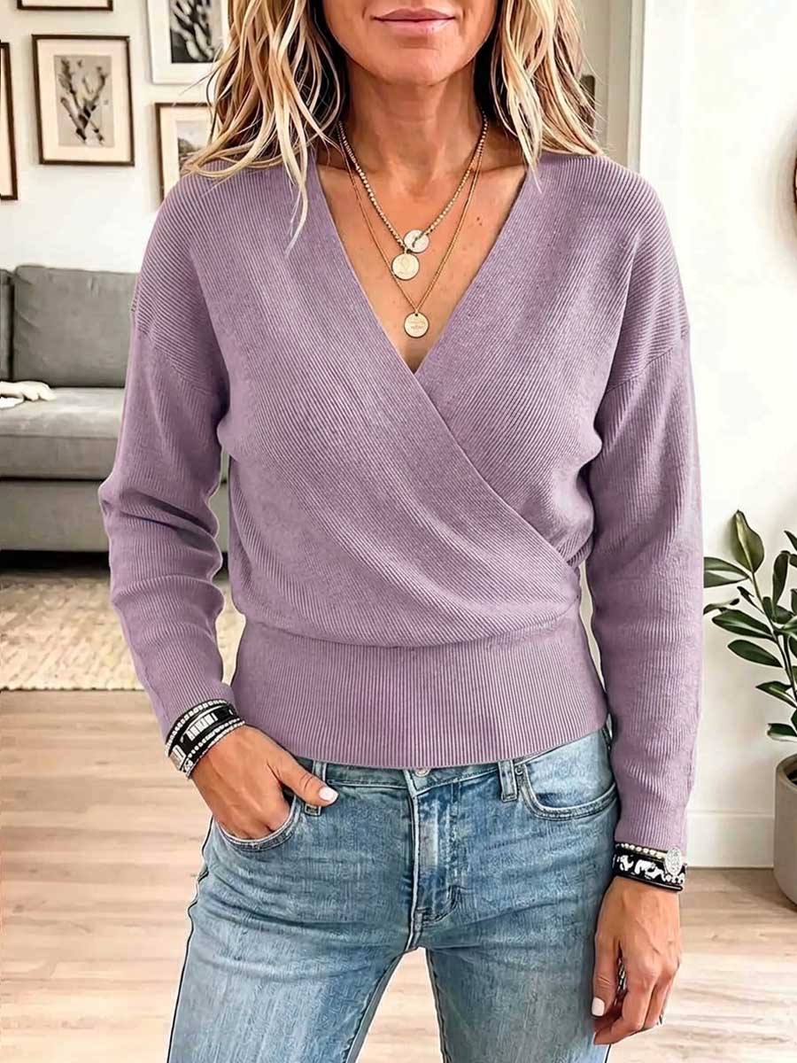 Women's Solid Color V-neck Long Sleeve Casual Loose Knitted Pullover