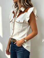 Chic Ruffle-sleeve Button-up Corduroy Patchwork Shirt