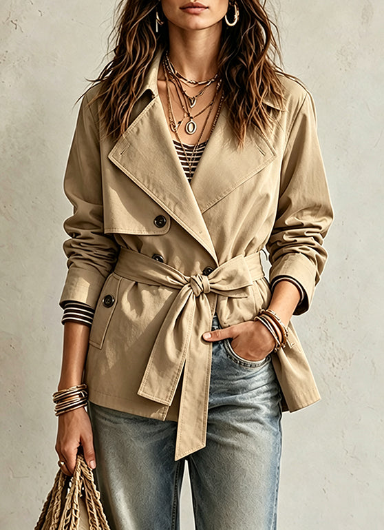 Casual Oversized Cropped Trench Coat With A Drawstring Waist