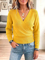 Women's Solid Color V-neck Long Sleeve Casual Loose Knitted Pullover