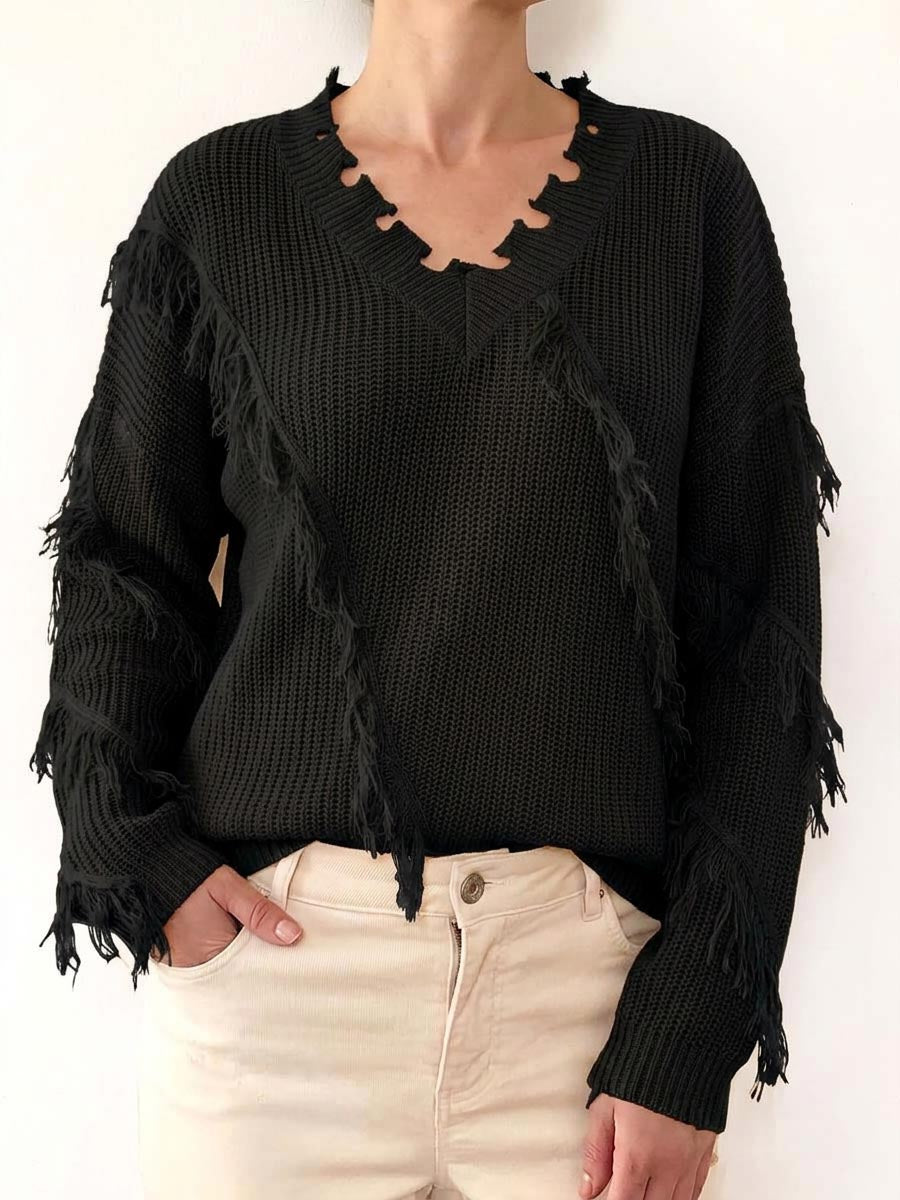 Women's Solid Color V-neck Long-sleeved Casual Loose Tassel Pullover Knit Sweater