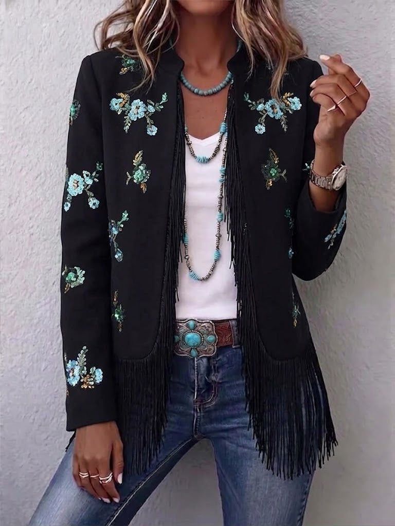 Chic Black Floral-print Jacket With Fringe