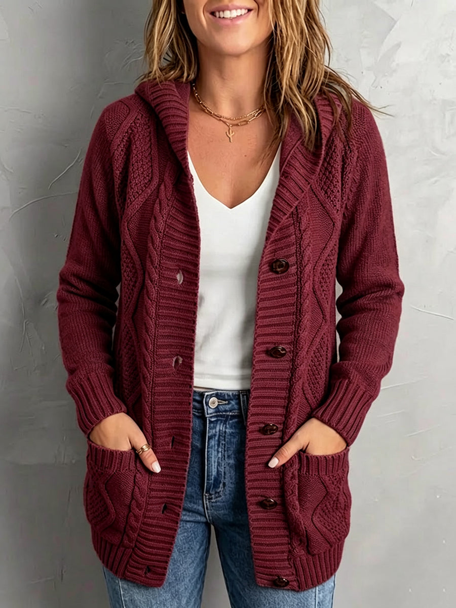 Casual Hooded Cable-knit Cotton-blend Cardigan