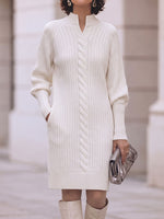Women's Solid Color V-neck Long Sleeve Casual Loose Knit Dress