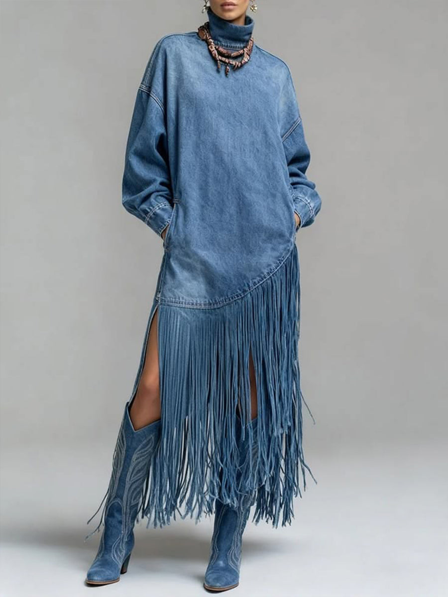 Avant-Garde Fringed Turtleneck Denim Dress