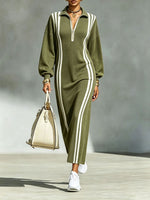 Casual Sporty Stripe Zipper Midi Sweatshirt Dress