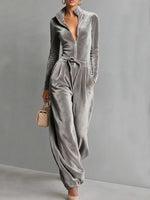 Women's Solid Color Stand Collar Long Sleeve Casual Loose Velvet Wide Leg Jumpsuit